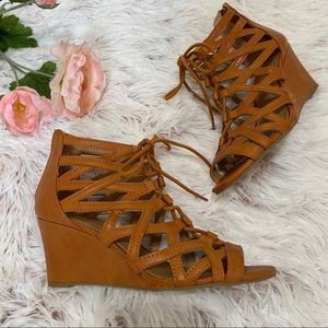 Charming Charlie’s Tan Lace Up Sandal Wedges